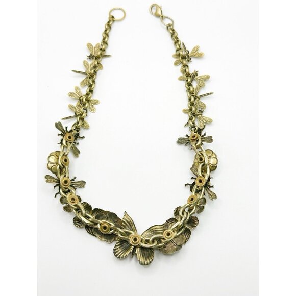 Butterfly, Bees, Dragonflies Floral Goldtone Jeweled Choker Necklace 15.5” - Picture 8 of 8